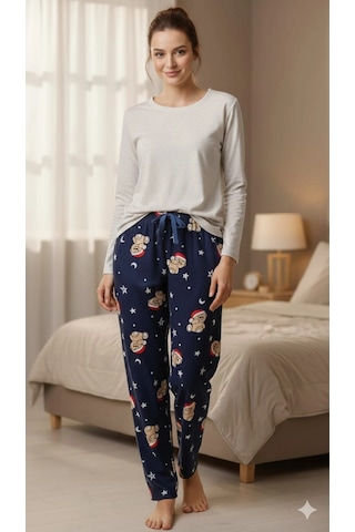 Erdenay Tekstil İpeksi Dokulu Süet Pijama Altı Şapkalı Ayıcıklı Lacivert- Şapkalı Ayıcıklı
