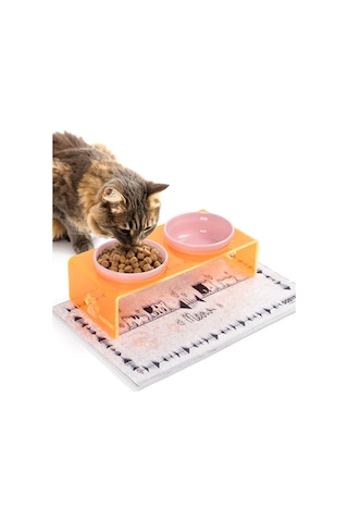 Gobypet 2'li Turuncu Pleksi Dekoratif Kedi Ve Köpek Seramik Mama & Su Kabı + Paspas