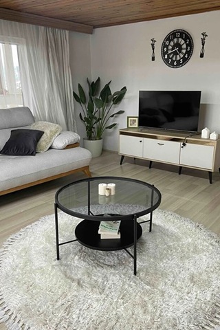 Nordic Orta Sehpa Temperli Cam 75 Cm Demonte Çizilmez Kırılmaz Metal Çerçeve Raflı Minimalist Sehpa - Siyah Siyah