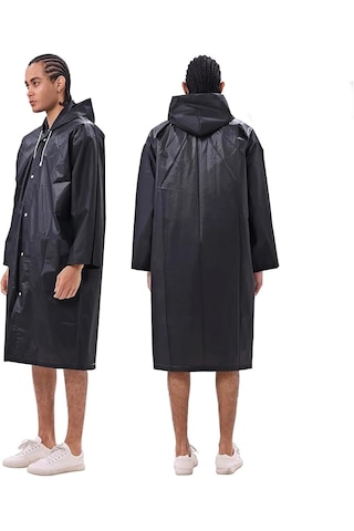 Su Geçirmez Eva Kumaş Yağmurluk Siyah Kapşonlu Çıtçıtlı Yağmurluk Siyah