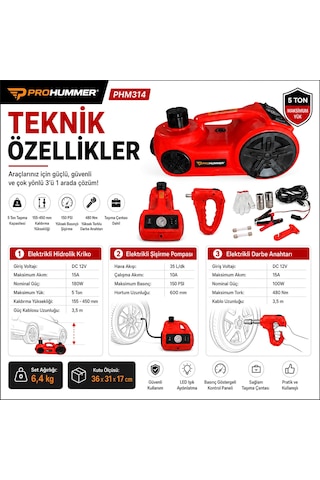 Prohummer Phm314 Elektrikli Kriko Seti - 5 Ton Hidrolik Kriko + Hava Pompası + Bijon Anahtarı + Led Fener