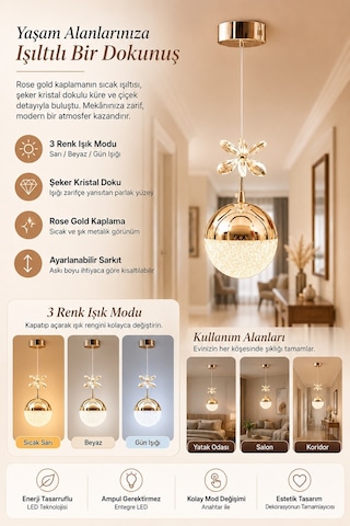 Ey-El Tasarım Şekerli Top Tekli Modern Sarkıt Led 3 Renk