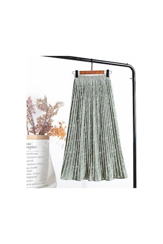 Yeşil Qooth Yaz Kadın Çiçek Baskılı Pilili Şifon Etek Yüksek Bel Pilili Orta Uzunlukta Elastik Bel Etek Qt807 Yeşil