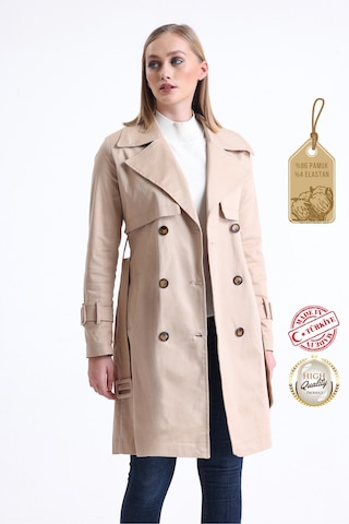 Pastelastore Esnek Pamuk Gabardin Midi 95cm Astarsız Kadın Trençkot 1118 Bej