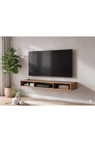 Dekoratif Raflı Duvar Tv Ünitesi Üç Bölmeli Atlantik Çam 150 Atlantik Çam