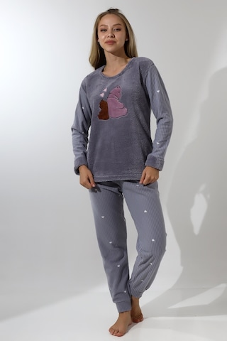 Wordex Fawn 5015 Peluş Welsoft Polar Kışlık Ayıcıklı Yumoş Kadın Pijama Takımı Açık Gri Vizon