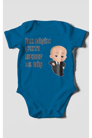 Morivokids İlk Dişim Çıktı Hedef 32 Diş Kısa Kollu Bebek Body Koyu Mavi