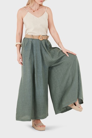 Via Dante Relaxed Fit Yüksek Bel Bol Paça Keten Pantolon Bayan Pantolon 7544 Haki