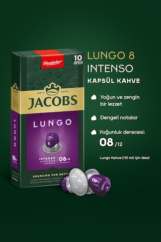 Jacobs Lungo 8 Intenso Nespresso Uyumlu Alüminyum Kapsül Kahve 10 Adet X 10 Paket Kapsül Kahve