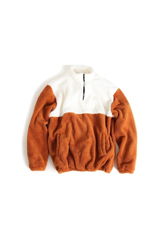 Fifty Color Erkek Oversize Yarım Fermuarlı Pelüş Sweat-Beyaz - Tarçın