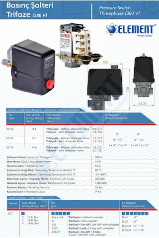 Element Elt-4c 4-16 Kompresör Basınç Şalteri 1/2'' 380v