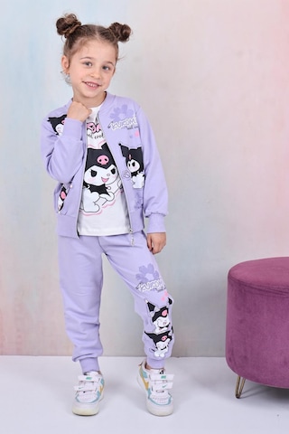Karakter Baskılı Penye Ceketli - Penye Sweatshirt - Penye Pantolonlu Kız Çocuk 3lü Takım Lila