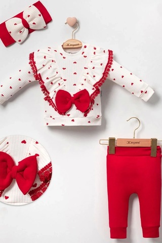 Babydonat Fiyonklu Kalp Desenli % 100 Pamuk 3'lü Kız Takımmmm Kırmızı
