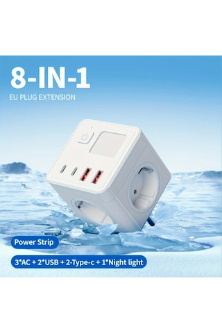Motion003 8'li 1 Eu Güç Çubuğu 3 Usb 2 Tip-c Gece Işığı 3 Çıkış Beyaz Ev Ofis Seyah