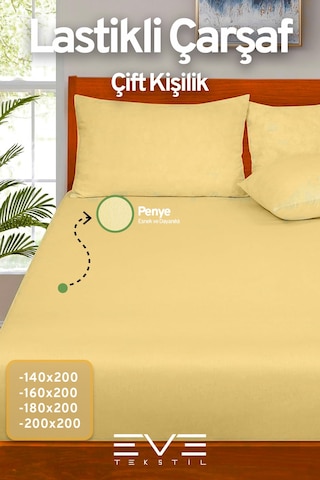 Eve Tekstil Fitted Yüksek Kaliteli Penye Kumaş Çift Kişilik Lastikli Çarşaf Sarı