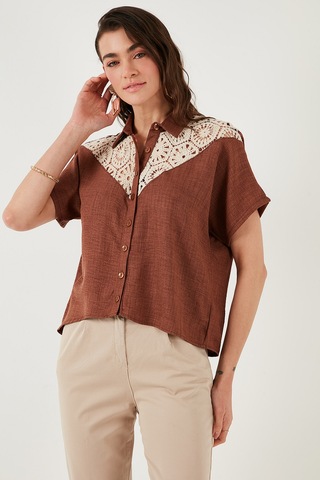 Lela Dantelli Relaxed Fit Kısa Kollu Bayan Gömlek 5865764 Kahve