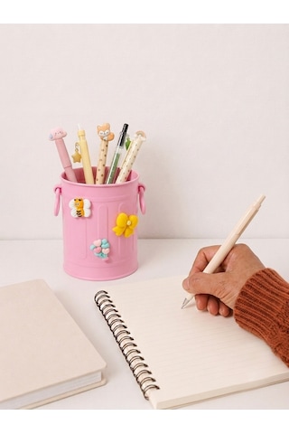 Sevimli Stickerlı Masaüstü Kalemlik Organizer - Pembe