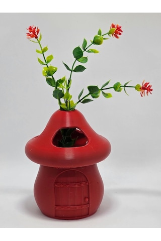 Kalemlik Kırmızı Sima Mantar Çiçekli Üç Gözlü Kalemlik Düzenleyici Kırmızı