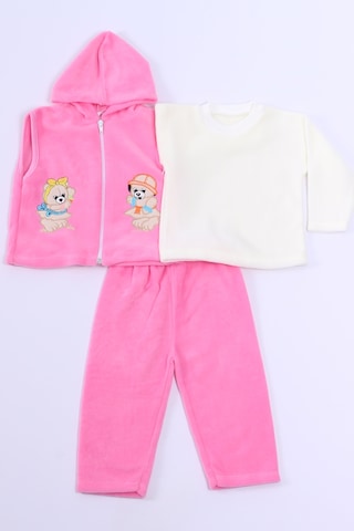 Hçm Bebek Polar 3lü Takım Kapşonlu Fermuarlı Nakışlı C23 Pembe