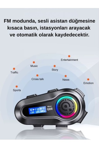 Q08 Max Rgb Işık Efektli İntercom Bluetooth Motosiklet Kask Kulaklığı İntercom Kulaklık