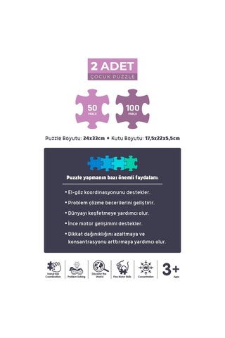2'li Çocuk Yapboz - 50 Parça Deniz Kızı Ve 100 Parça Tek Boynuzlu At