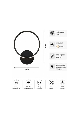 AvizeGO Tisa Modern Led Duvar Apliği Günışığı Siyah