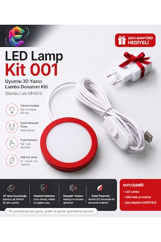 Led Lamp - Kit 001 Uyumlu 3d Yazıcı Lamba Donanım Kiti Gün Işığı Bambu Lab Mh001 Tam Uyumlu + Şarj Adaptörü Hediyeli Kırmızı