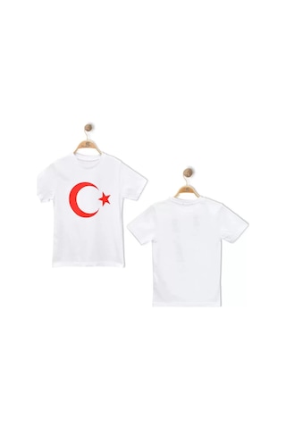 Alg Türk Bayrak Baskılı Ay Yıldızlı Beyaz Çocuk Tişört %100 Pamuk Bir Beden Büyük Önerilir
