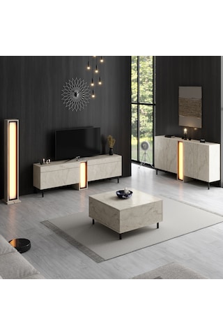 Nova Siyah Demir Ayaklı Rgb Led Işık Sistemli Traverten Konsol Traverten - Siyah