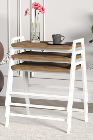 Zigon Sehpa , Aden 3'lü Tepsi Zigon Sehpa Takımı Beyaz Metal - Atlantik Çam Tabla Beyaz-atlantik Çam