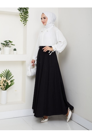 Beli Lastikli İpli Kot Kloş Etek Siyah Siyah