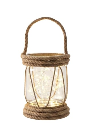 Dyrıs Rustik Halatlı Cam Fener, Pilli Led Işıklı Dekoratif Kavanoz Lamba, Bahçe Ve Balkon Aydınlatması, 20x10 Cm