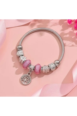 Hayat Ağacı, Pembe Charmlı Bileklik, Ahşap Kutu