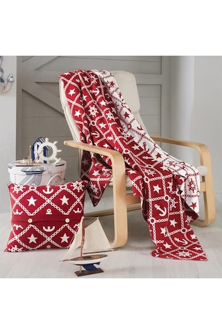 Marin Desen Triko Battaniye Koltuk Şalı Ve Kırlent Kılıfı Seti-130X170