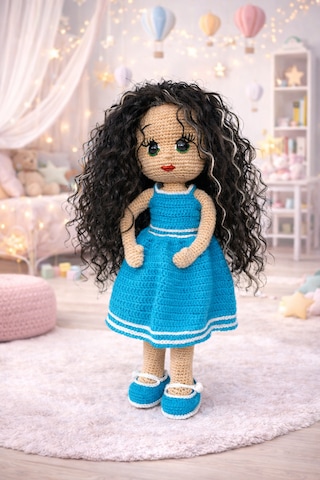 Amigurumi Kız Bebek El Örgüsü, Sentetik Uzun Kıvırcık Saçlı Oyuncak Bebek Açık Mavi