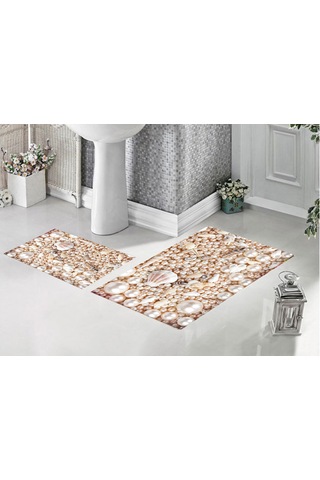 Çakıltaşı Desenli 2'li Banyo Paspası Banyo Halısı 100 Cm X 60 Cm Ve 60x40 Cm Bej - Krem