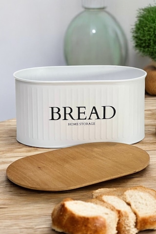 Ahşap Kapaklı Metal Ekmeklik Beyaz Modern Tasarım Beyaz