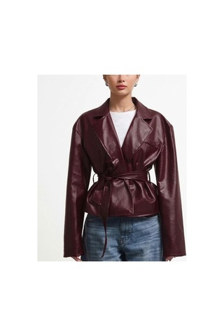 Laleli Butik Yeni Sezon Kruvaze Kuşaklı Düğmeli Deri Ceket Bordo&burgundy Bordo&Burgundy