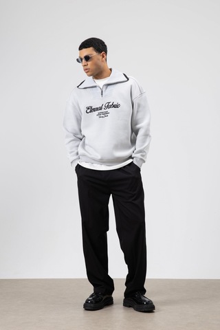 Vamos Oversize Fermuarlı Yaka Sweatshirt Açık Gri