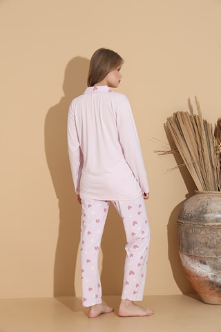 Lukitus Gömlek Yaka Düğmeli Milan Kumaş Uzun Kol Kadın Pijama Takımı Açık Pembe