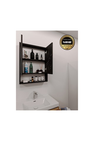 Lotus Banyo Dolabı Aynalı Raflı Kapaklı Siyah