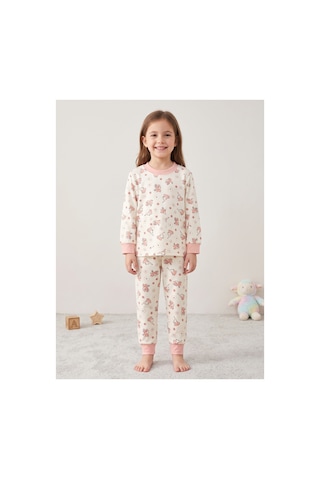 Deniva Kids Kız Çocuk Pembe Sevimli Hayvan Desenli %100 Pamuklu Ribanalı Uzun Kollu Pijama Takımı Bej