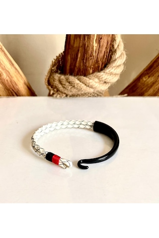 %100 Deri&krom Kombin Erkek Bileklik Net 22cm Türk El Üretimi Siyah - Beyaz