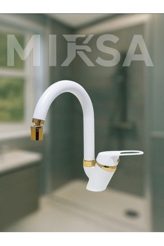 Lüx Beyaz-gold Baston Borulu Oynar Başlıklı Perlatörlü Banyo Lavabo Bataryası, Çiftsugirişli