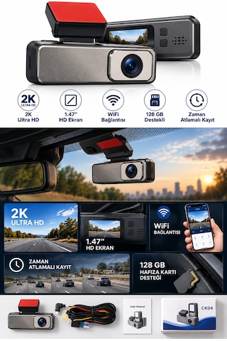 2k Ultra Hd Wifi Araç Kamerası 1.47 İnç Hd Ekran, Zaman Atlamalı Kayıt, Özel Araç Güç Bağlantı Seti-15119