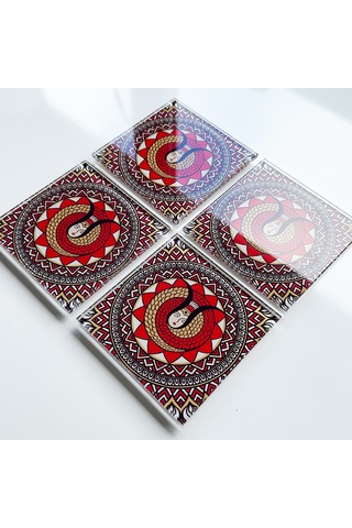 Cam Bardak Altlığı Modern Şahmeran 4'lü Takım Beyaz