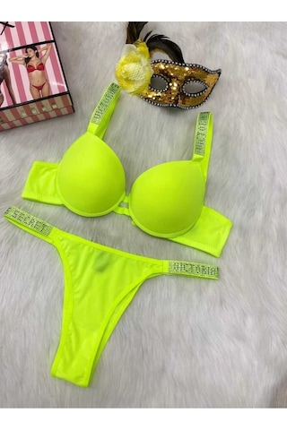 V. Secret Yazılı Taşlı Destekli Sütyen Takım Neon Yeşili