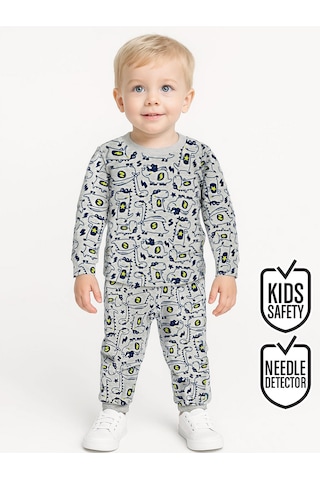 Denokids Süper Dino Erkek Bebek Gri Pijama Takımı Çok Renkli