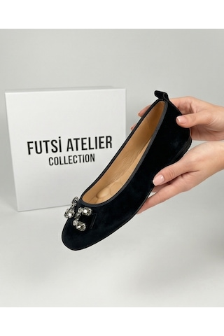 Futsishoes Mıstral Siyah Süet Hakiki Deri Taş Tokalı Kadın Babet Ayakkabı