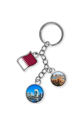 Katar Üçlü Epoksi Metal Çift Taraflı Damla Anahtarlık Qatar Gümüş